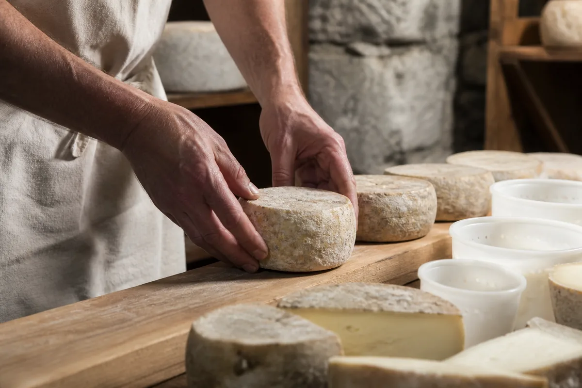 Mains d’un artisan disposant des meules de fromage sur une planche en bois brut dans une boutique