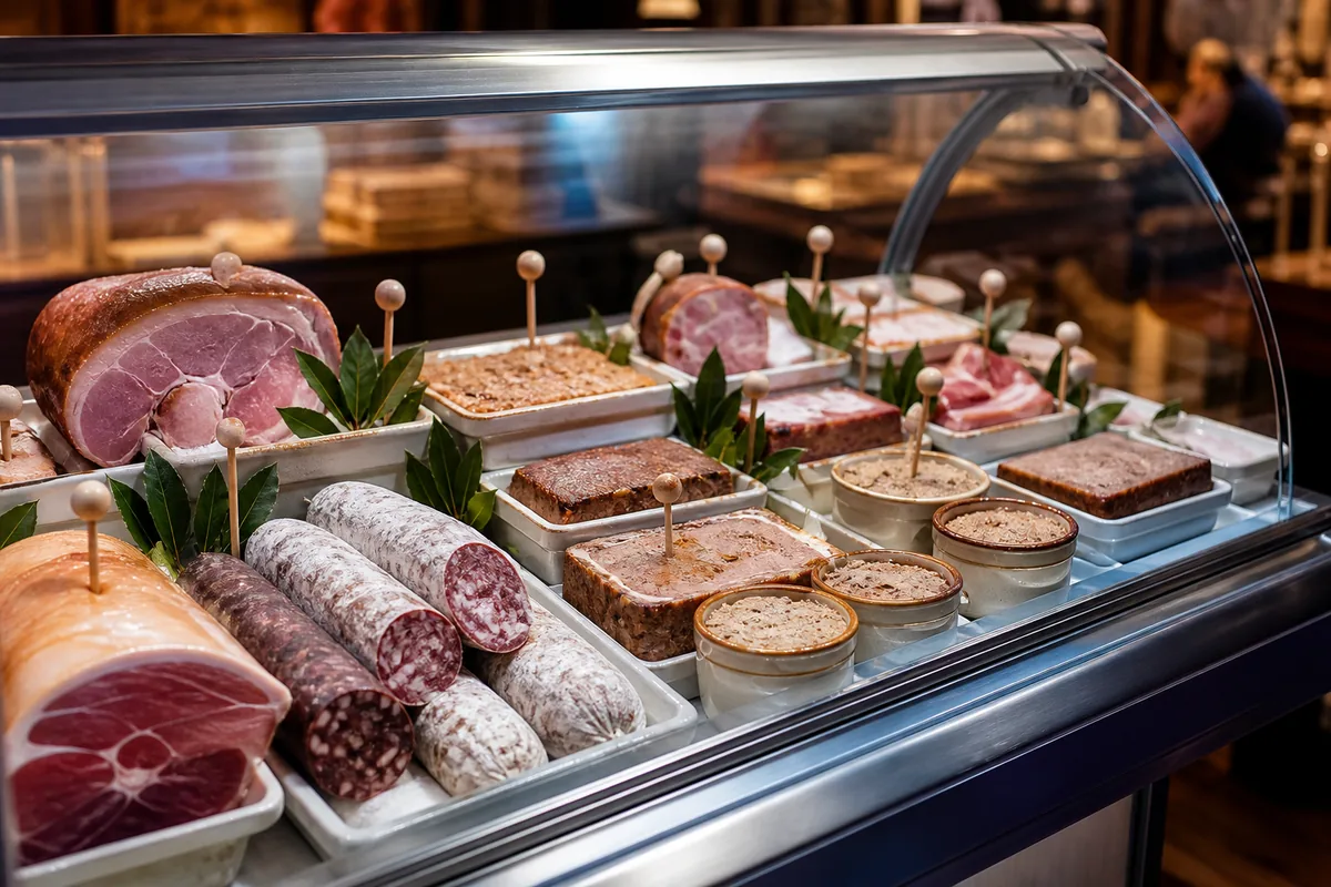 Vitrine réfrigérée aux montants métalliques lisses garnie de charcuteries et de terrines, cadrage serré sur les produits