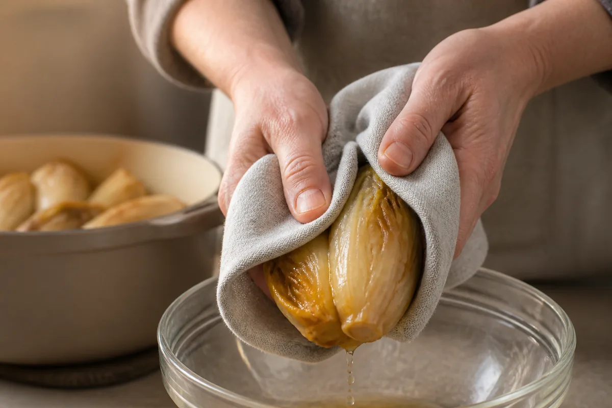 Mains pressant un chicon braisé dans un torchon de lin au-dessus d&rsquo;un saladier