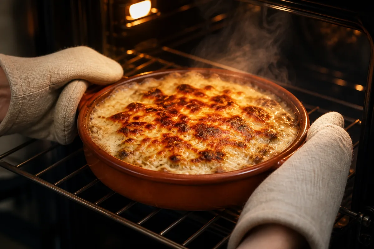 Plat à gratin en céramique unie sortant du four, surface dorée et bouillonnante