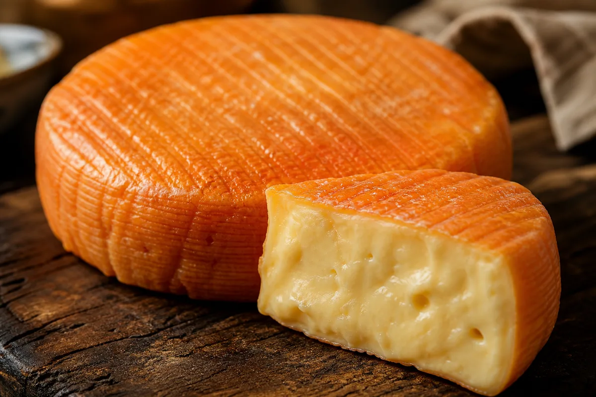 Gros plan sur un fromage du Nord à croûte lavée orangée et humide posé sur une planche en bois