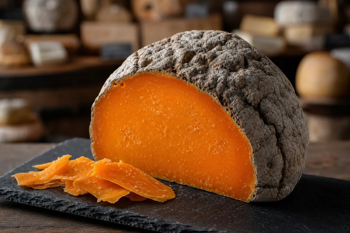 Demi-boule de mimolette vieille orange à croûte grise crevassée débitée en copeaux