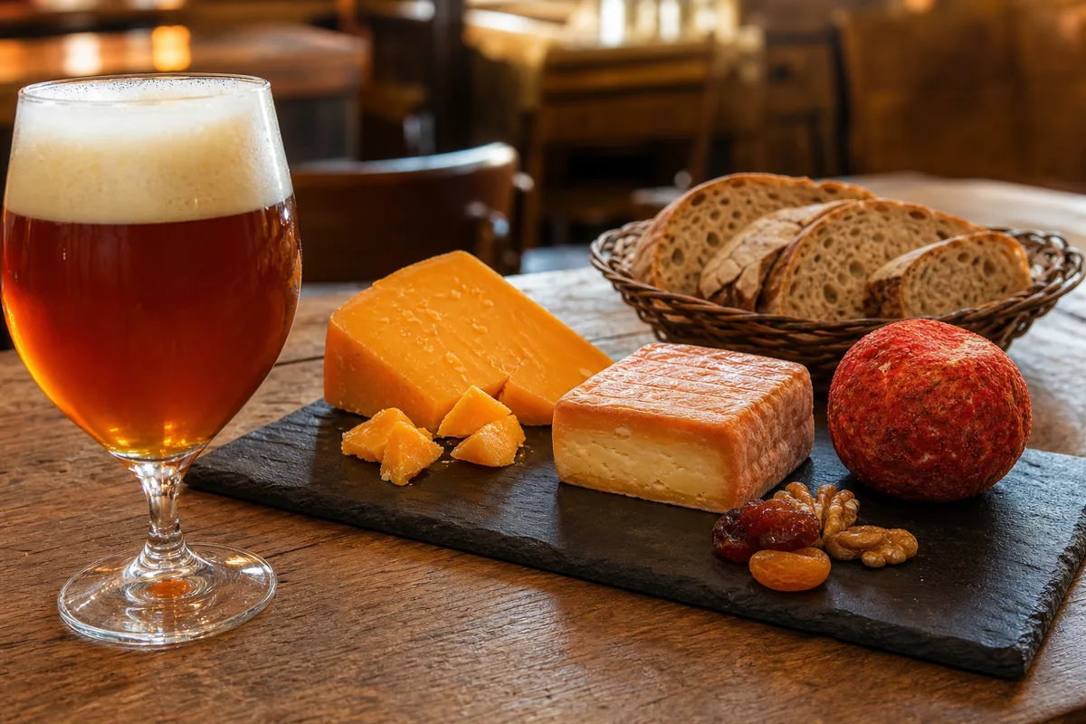 Plateau de fromages du Nord avec pain de campagne et verre de bière ambrée sur une table en bois