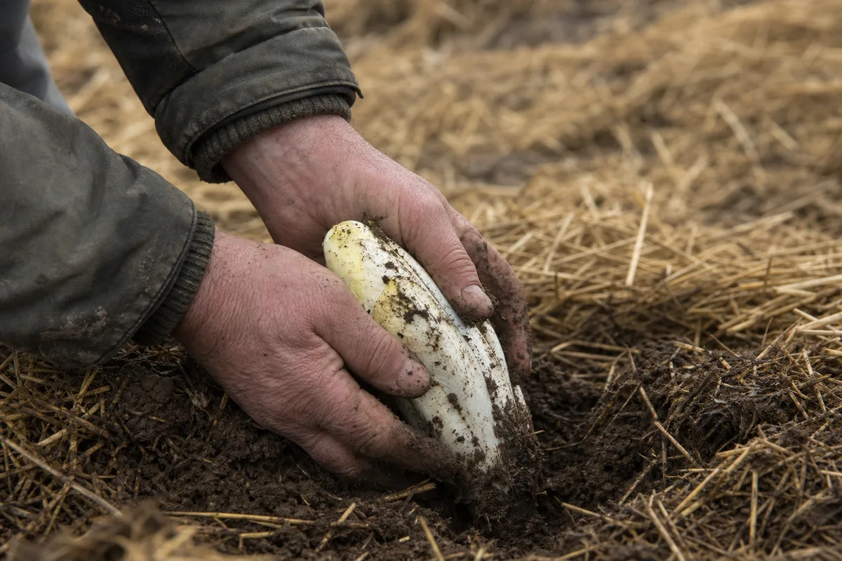 Chicons blancs récoltés à la main dans une couche de terre recouverte de paille