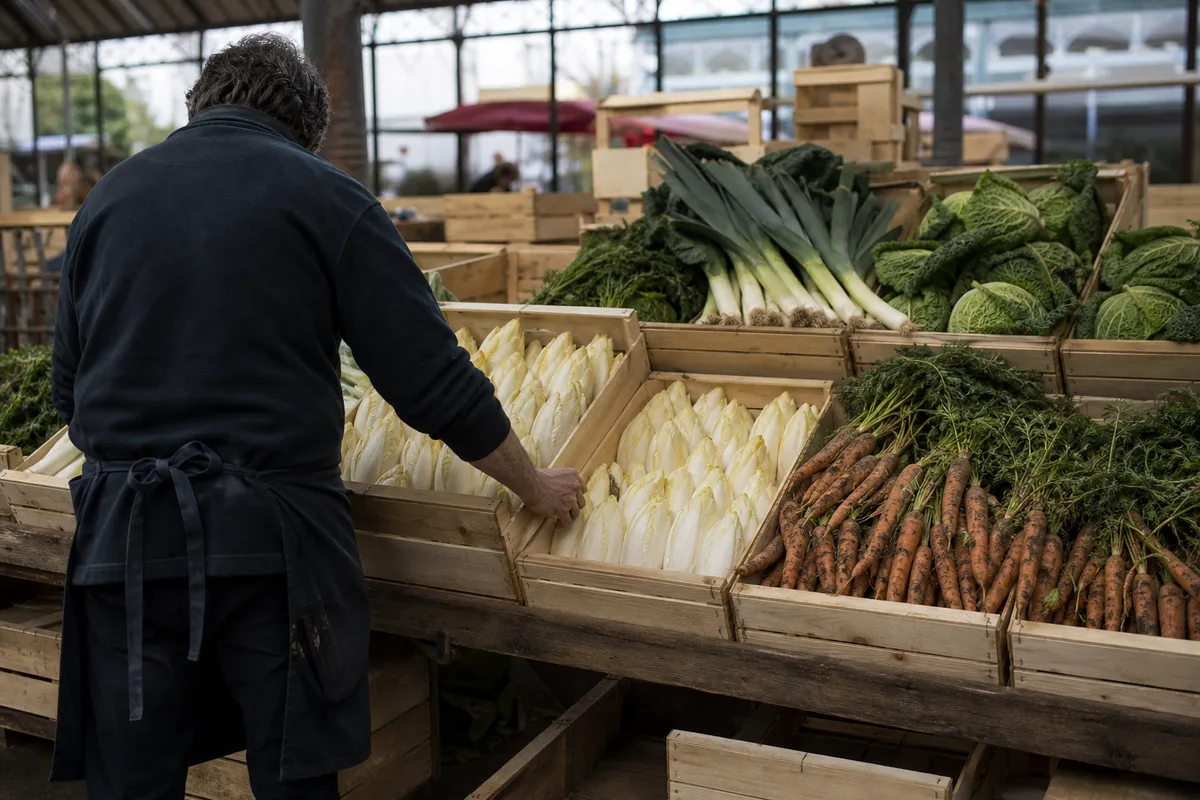 Étal de marché couvert présentant des caisses de chicons et des légumes d’hiver