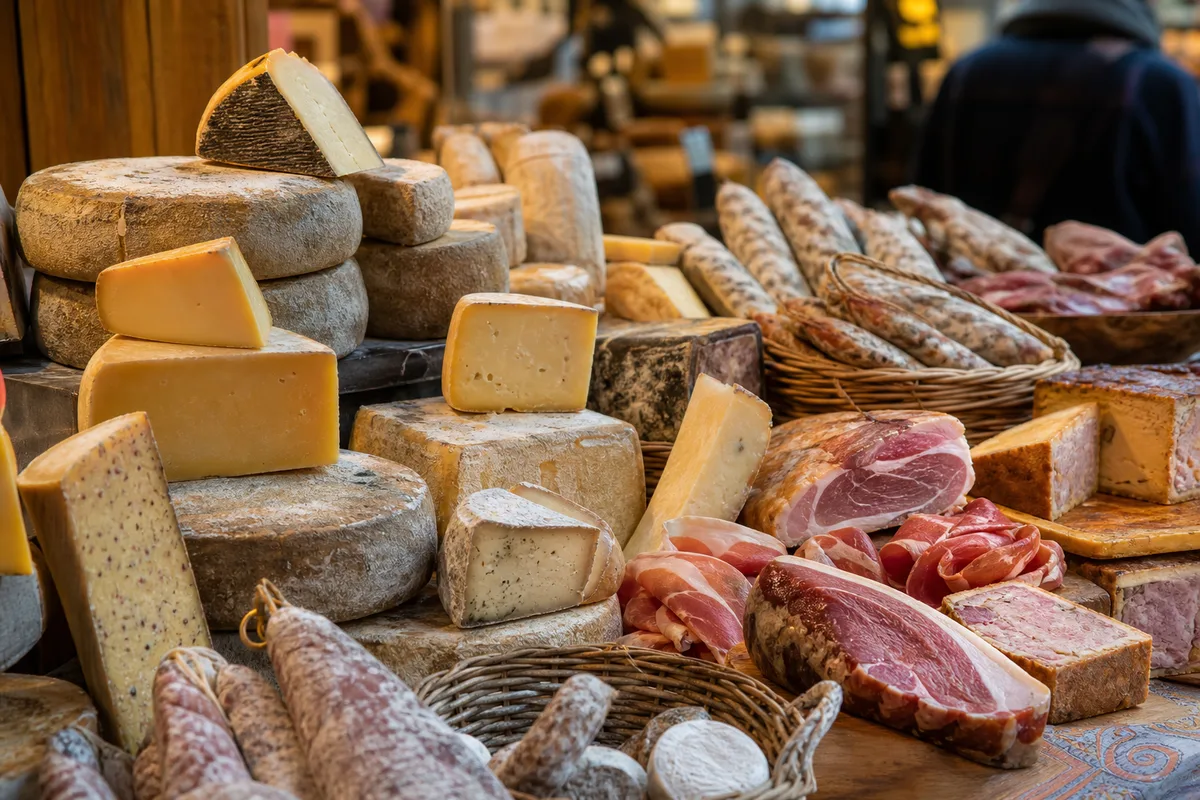 Étal de marché garni de fromages et charcuteries artisanales sous une halle