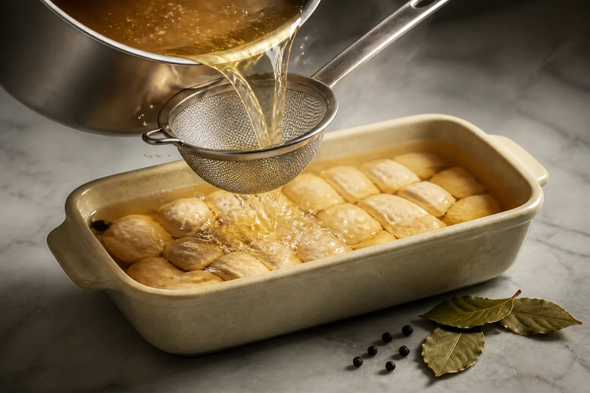 Bouillon clair filtré versé sur des morceaux de viande dans une terrine en grès
