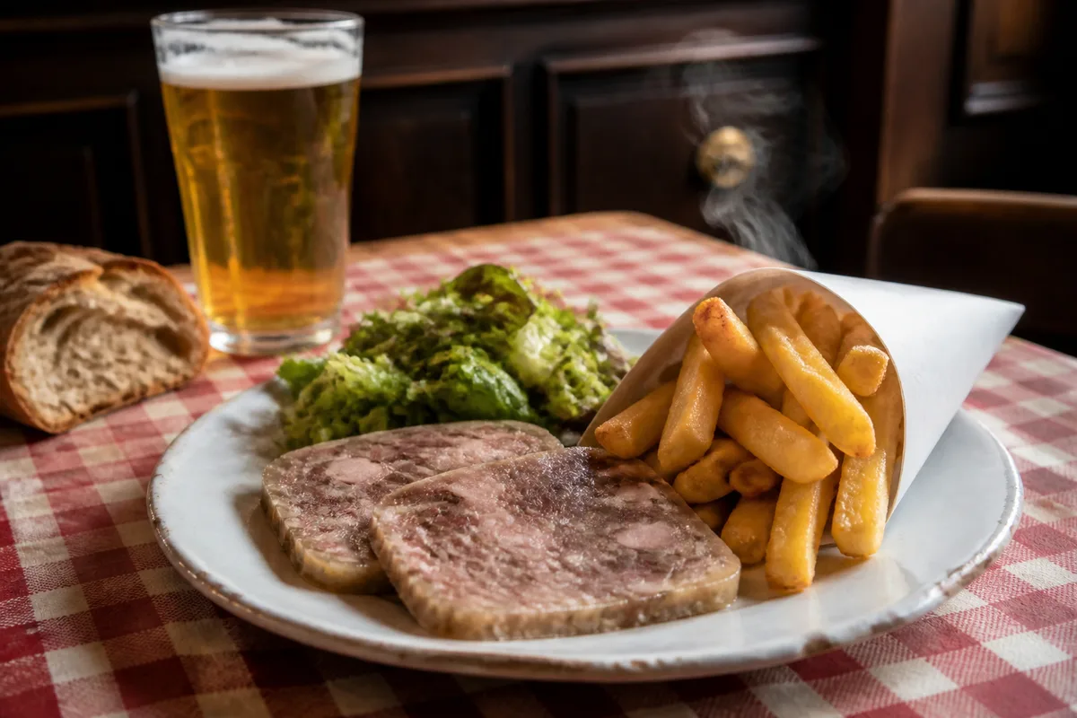 Assiette de potjevleesch servie avec des frites dorées et une salade verte sur une nappe à carreaux