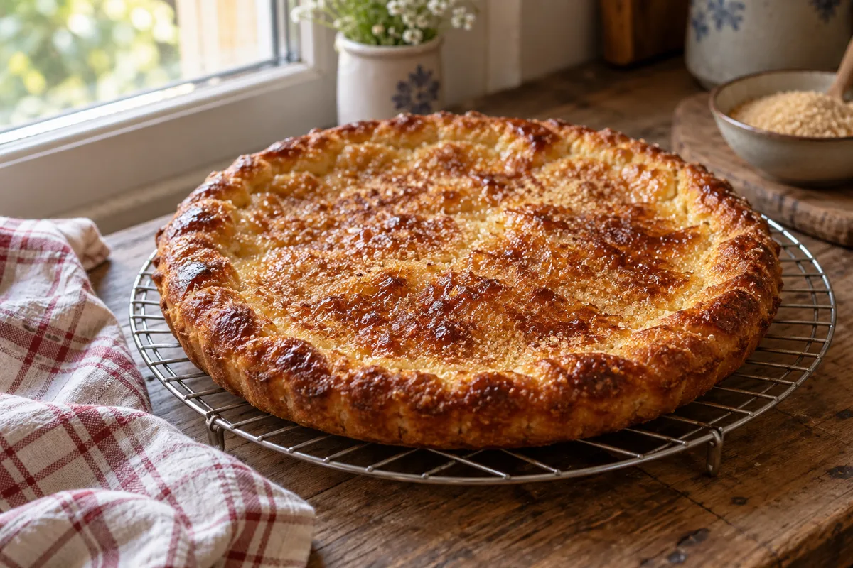 Tarte au sucre caramélisée refroidissant sur une grille