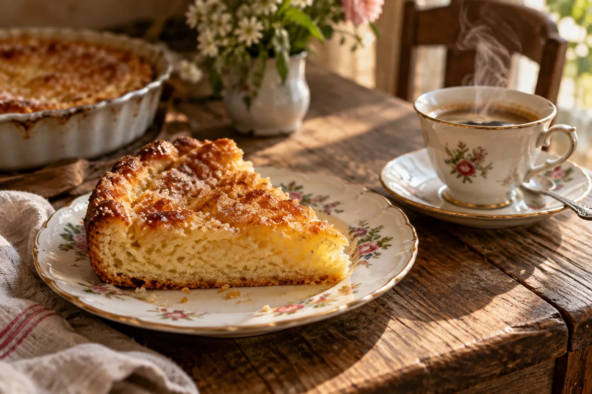 Part de tarte au sucre sur une assiette ancienne avec un café